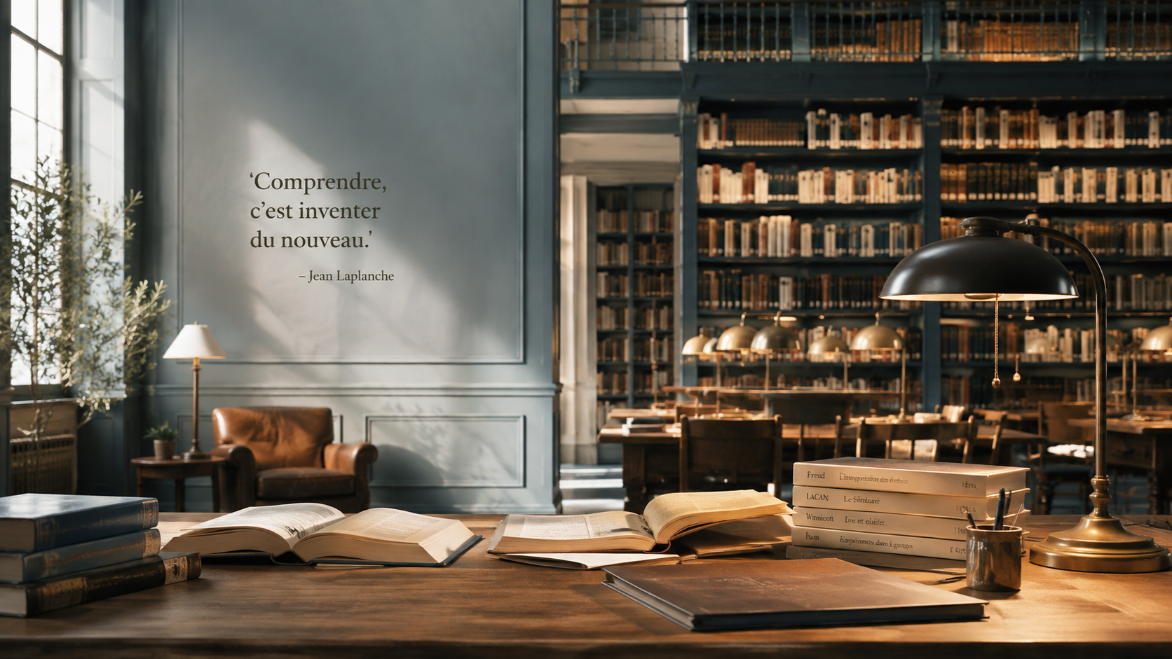 Table de lecture dans une bibliothèque chaleureuse