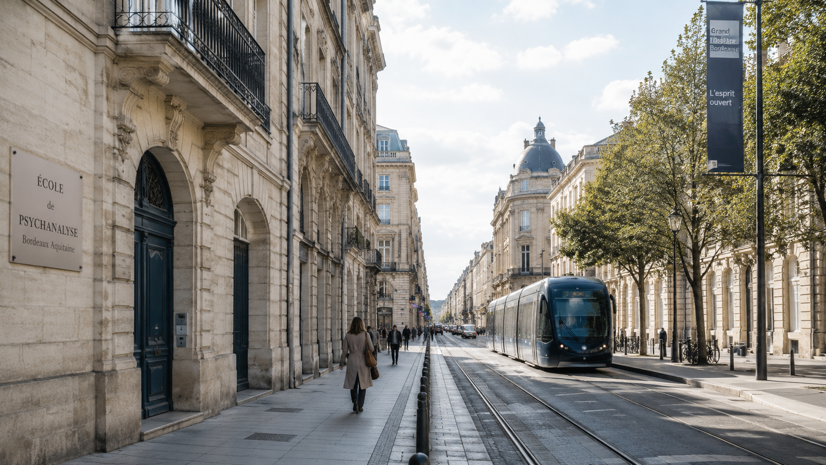 Rue bordelaise avec tramway et architecture classique